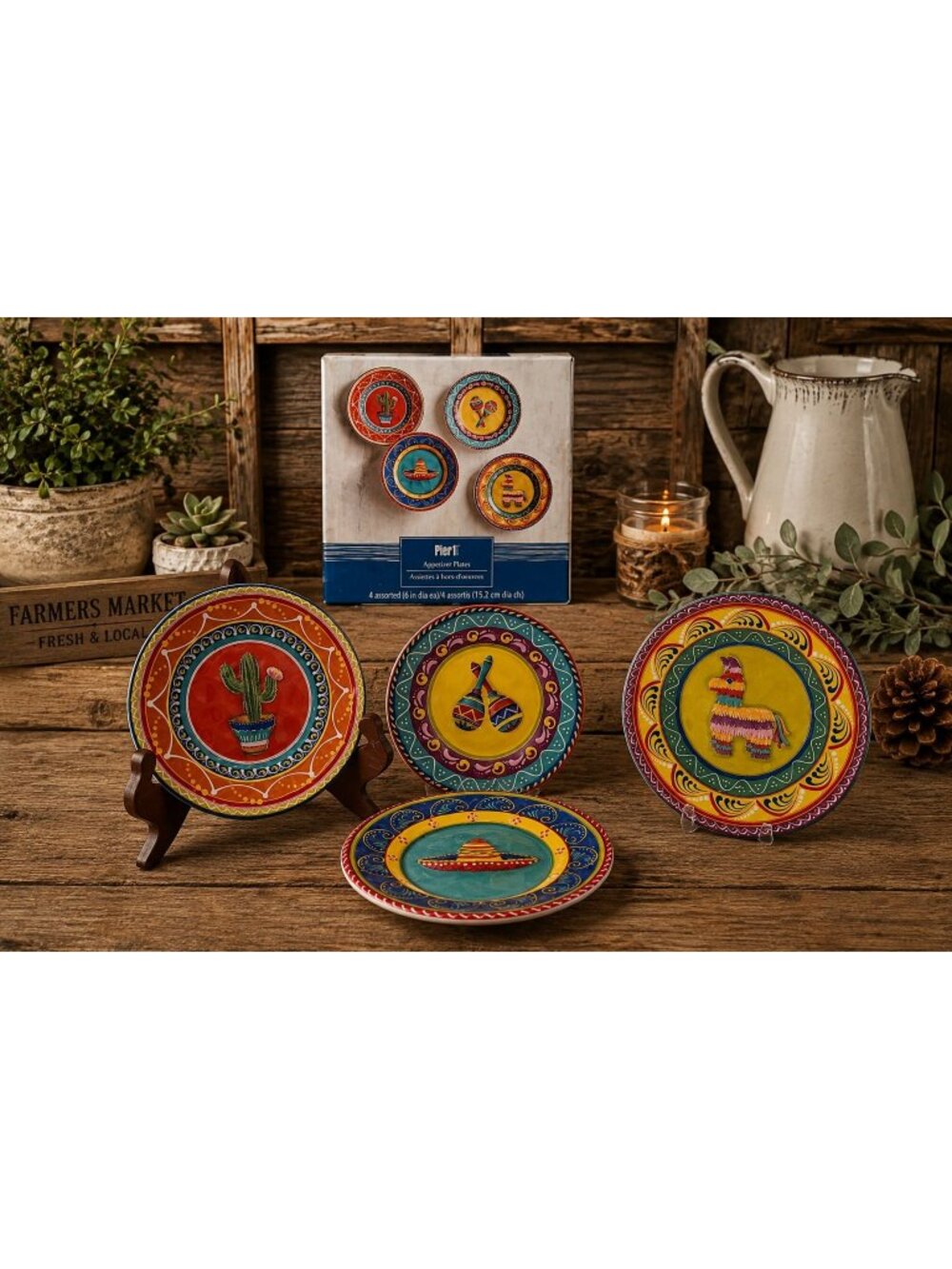Pier1 Fiesta Appetizer Plates Set 4 Mexican Southwestern Cactus Maracas Sombrero